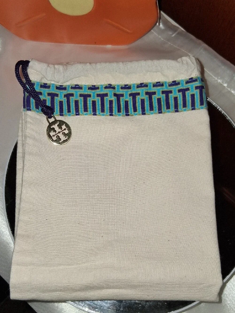 Tory Burch Cream Canvas Travel Dust Bag with Blue Green Logo Trim